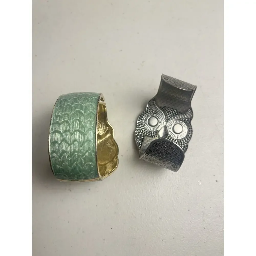 Owl Cuff Clamper Bracelet Lot Sea Green Enamel Silver Tone & Gold Tone Boho